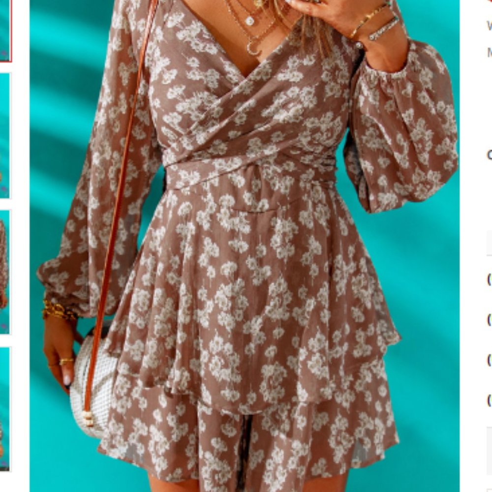 Brown Bubble Sleeve Floral Romper